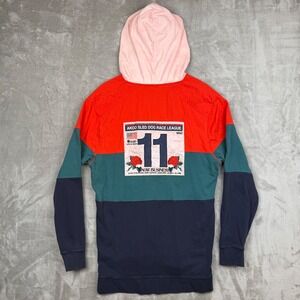 AKOO Mens XL Hooded Rugby Shirt Colorblock Sled Dog Race League Red Teal Navy